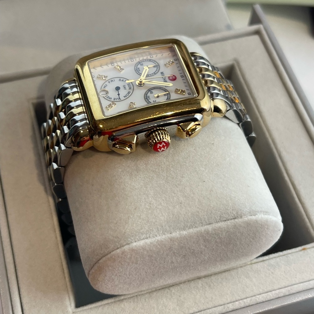 Authentic Michele Deco MOP Diamond Dial Two-Tone Gold Steel Ladies Watch